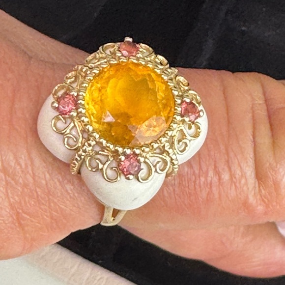 Designer Citrine, Garnet, Porcelain Ring, 14K FP SIZE 6.5 – GORGEOUS - Picture 2 of 13